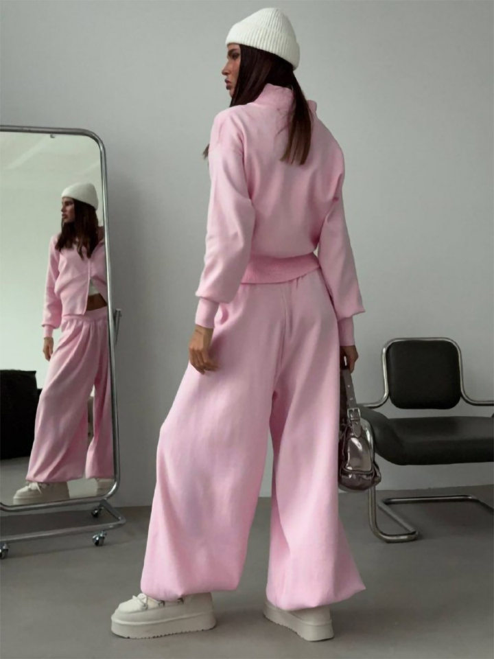 Set áo len cardigan dáng rộng phối quần ống lồng hai dây kéo — màu hồng, màu xám