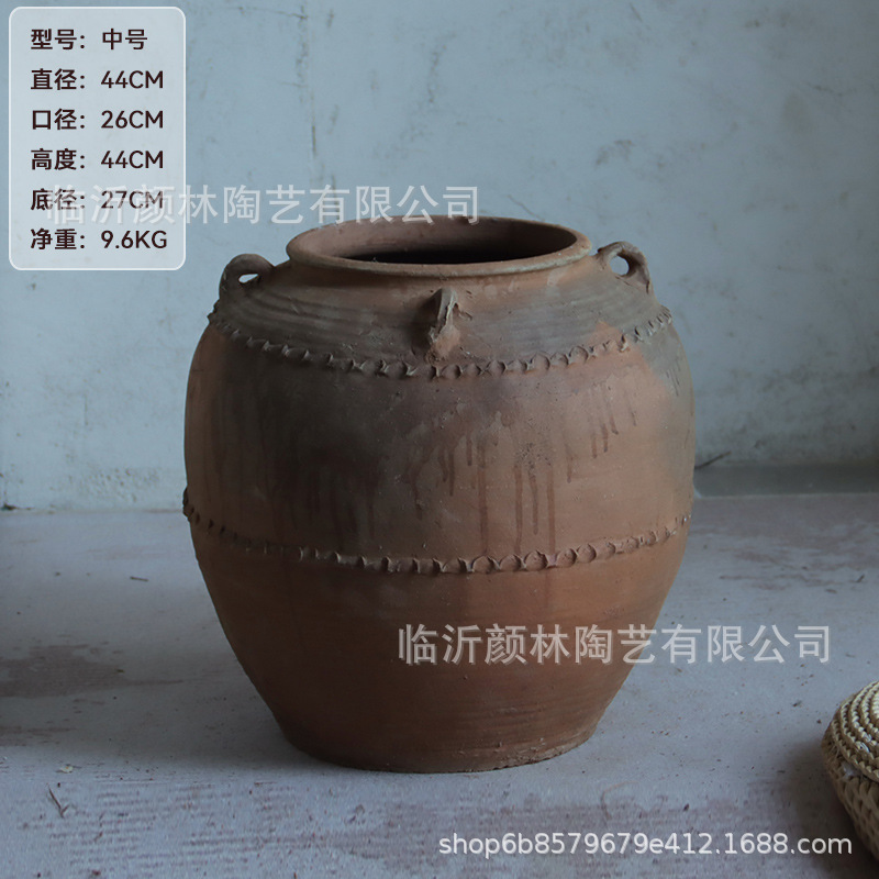 Pot de cerámica de tierra con gran estómago con orejas pot antiguo Lotus pot de suelo maceta de flores de cerámica gruesa adornos de decoración de habitaciones modelo de vivienda