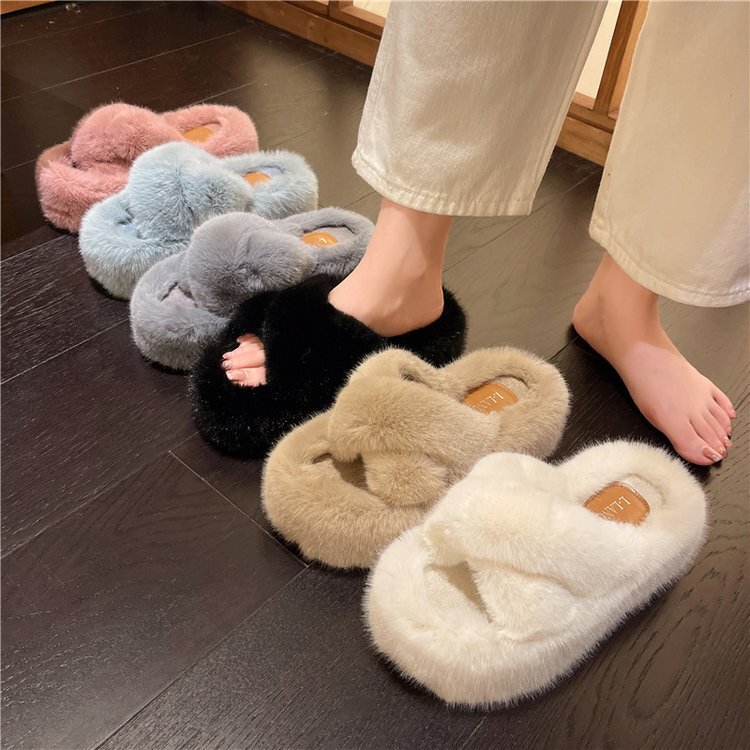 7cm Thick-Soled Slippers Fleece-Lined Warm Cotton Slippers Cross Fashion Ins2025 Autumn and Winter New Furry Slippers
