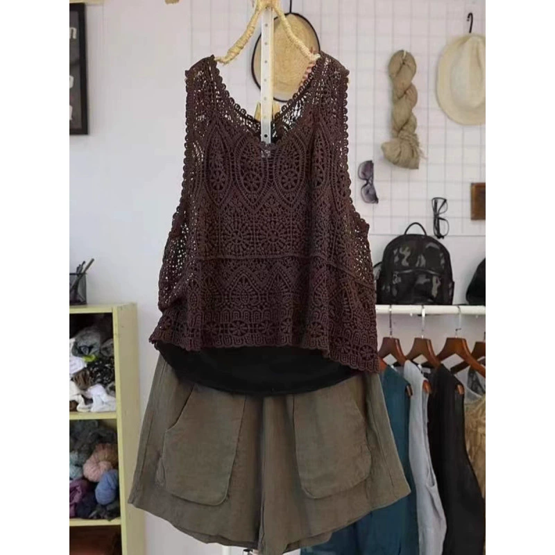 Cotton summer retro knitted thin vest sleevless