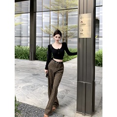 美式复古豹纹休闲裤女高腰垂感显瘦阔腿直筒拖地长裤潮