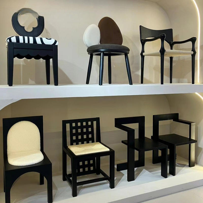 Medieval Style Dining Table and Chairs, French Retro Solid Wood Dining Chairs, Japanese Style Home Designer High-Looking Backrest Stools