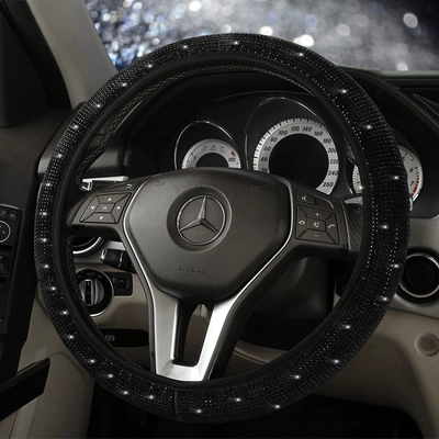 Steering wheel cover with Rhinestones, Diamond-Encrusted Steering Wheel - black-38cm