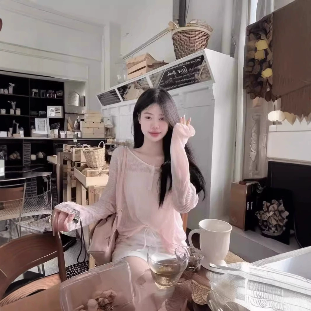 微与 ~Lanky style loose and slim-looking top pure backless pink sunscreen blouse women's lace-up blouse