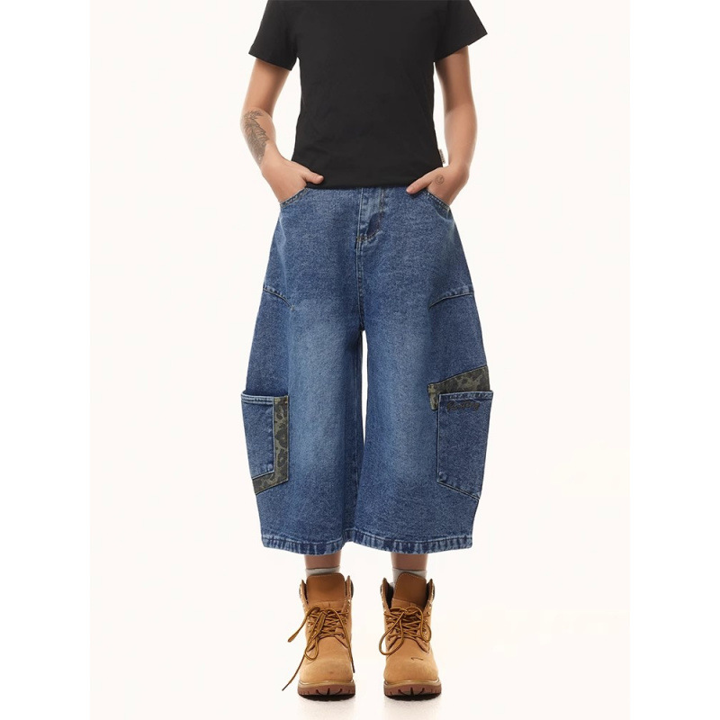 Cross-Border American Leopard Print Splicing Scimitar Denim Shorts Men's Street Retro Washed Loose Casual Wide-Leg Cropped Pants