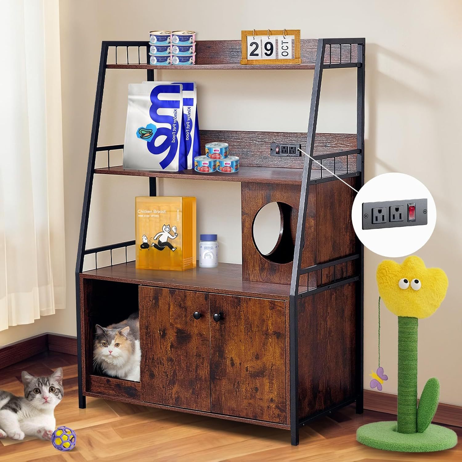 Cat Litter Box Case Large Wooden Hidden Cat Cabinet Pet Crate Cat Bathroom Indoor Cat House Furniture Vintage