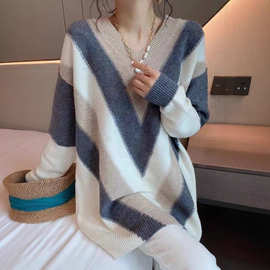 V领拼色中长款针织衫2022秋冬季新款显瘦宽松上衣女图片色其他