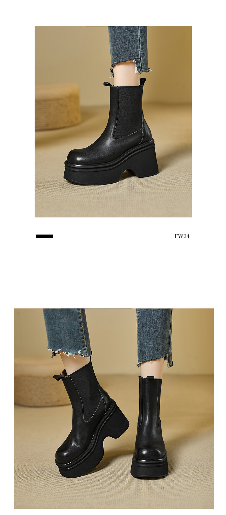 Boot Chelsea nữ da bò mũi tròn đế nêm siêu cao gót cổ ngắn mùa thu đông — Lớp lót nhung đen, đen, Lớp lót nhung màu nâu, nâu chi tiết 10