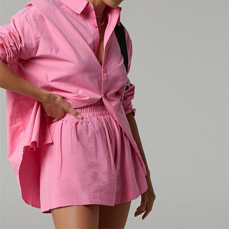 Women's fashion suit casual color matching single-breasted shirt elastic shorts two-piece set_voghion.com