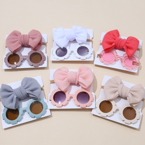 Children's Sun Lens Hat Set with Space Cotton Plain Color Hair Band Sunflower Sunglasses