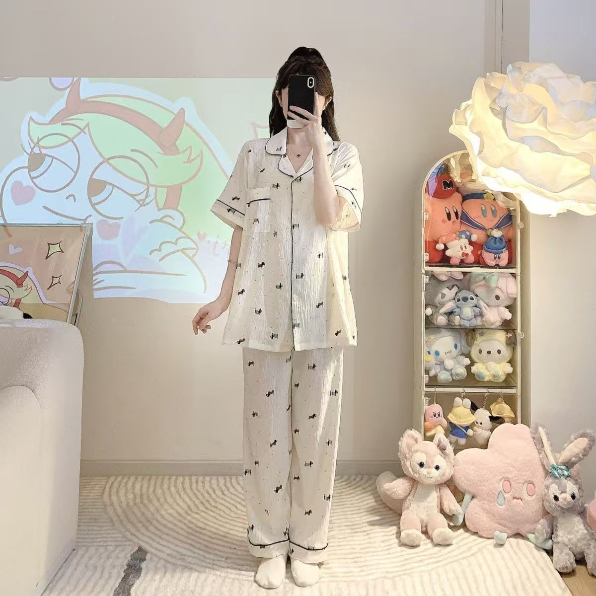 Verano nuevo pijama de algodón nublado pareja suelta pantalones largos de manga corta de dos piezas se puede usar ropa de casa mujer