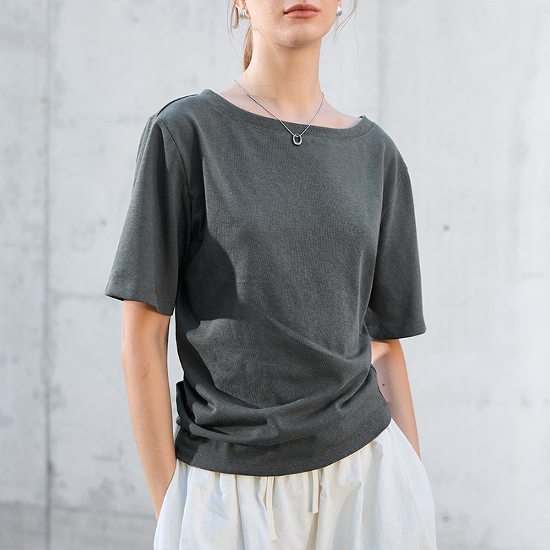 Old Money Style Linen Knit T-Shirt for Women, Spring and Summer Cotton-Linen Mid-Sleeve, Waist-Cinching, Off-Shoulder, Elegant Short Cotton-Linen Top