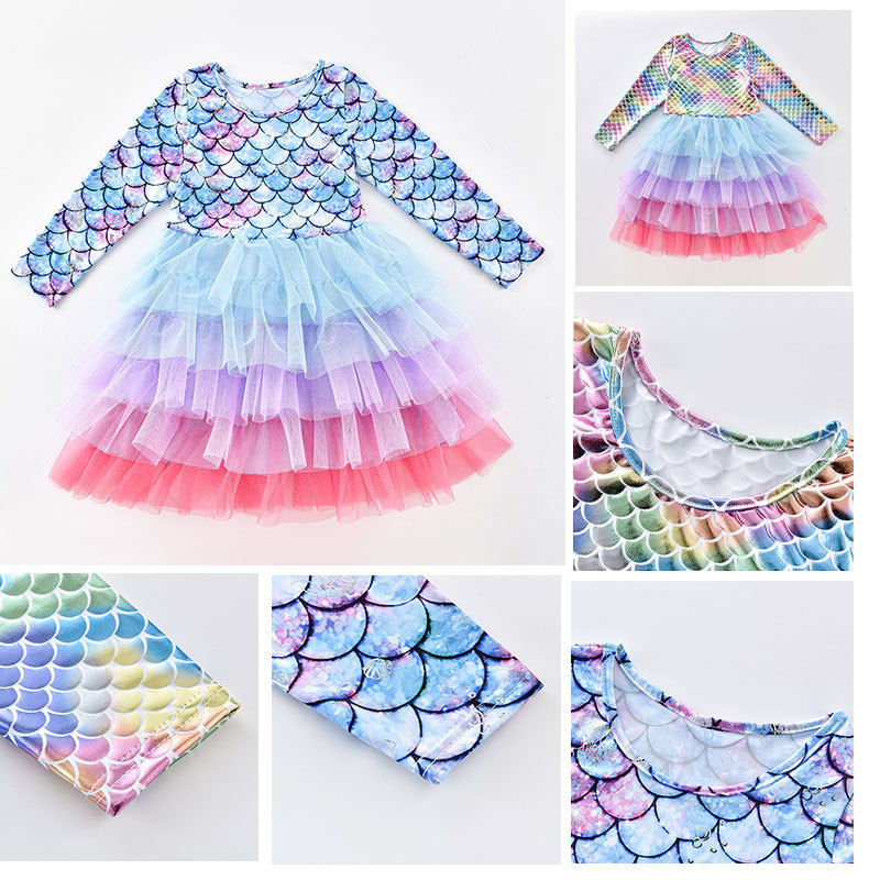European and American girls long sleeve dress Elsa mermaid puffy princess dress gradient scale tutu cake dress European and American girls long sleeve dress Elsa mermaid puffy princess dress gradient scale tutu cake dress