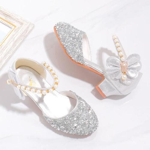 High heels, crystal performance princess shoes, dress, silver stage children's shoes, host kid's piano girls' leather shoes