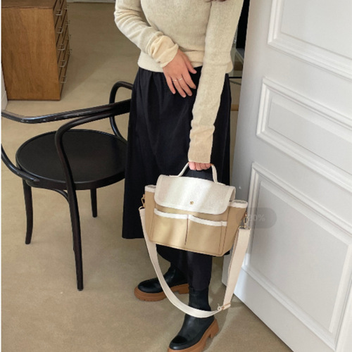 Korean style mommy bag, outing mother and baby bag, niche design canvas bag, ins simple commuter bag, stitched handbag, shoulder bag