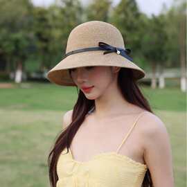 日系前大后小草编盆帽夏季复古气质简约蝴蝶结渔夫帽子女遮阳草帽