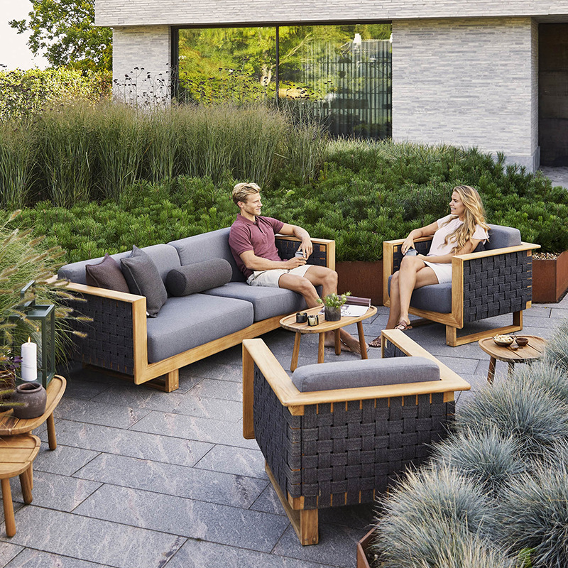 Conjunto de sofás para exteriores, patio, villa, hotel, teca, ratán, aire libre, casa de huéspedes, impermeable, protección solar, muebles de madera maciza image 12