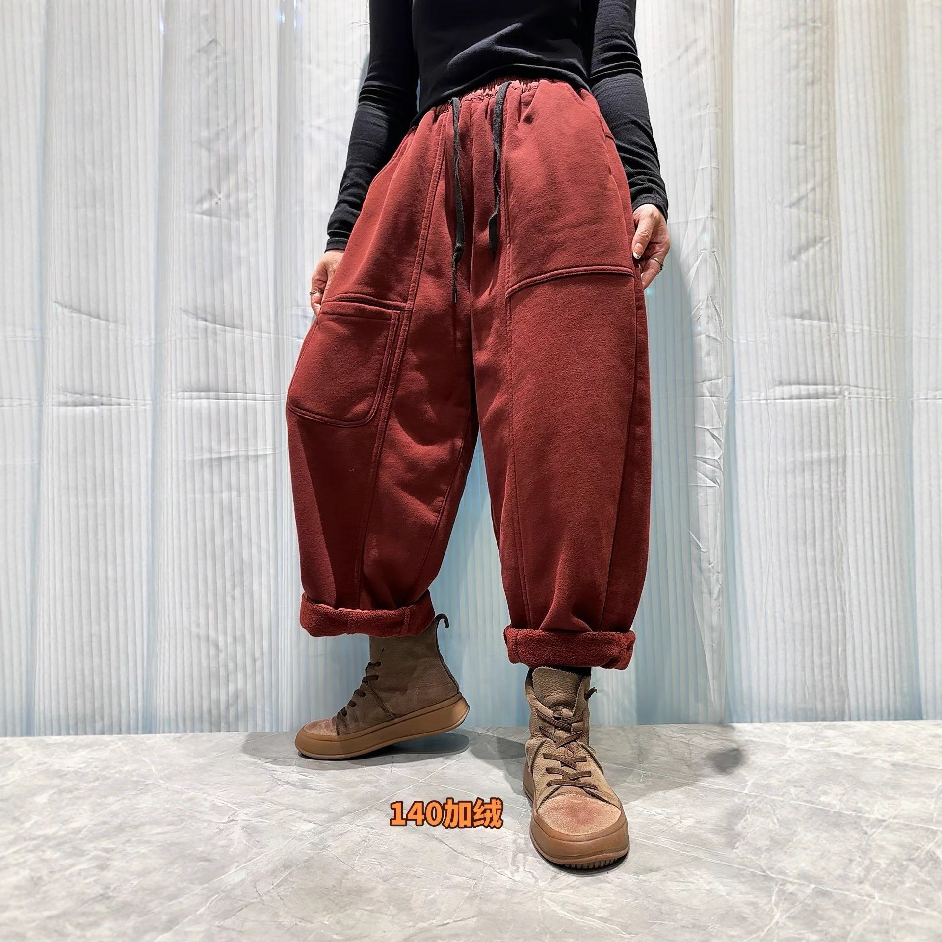 加绒哈伦裤女 2025冬新款松紧腰复古宽松纯色保暖工装休闲裤