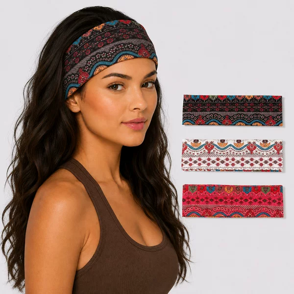 New Ethnic Style Bohemian Elastic Headband with Fabric Print, Yoga Hairband, Face Washing and Makeup Wide-Brimmed Headscarf