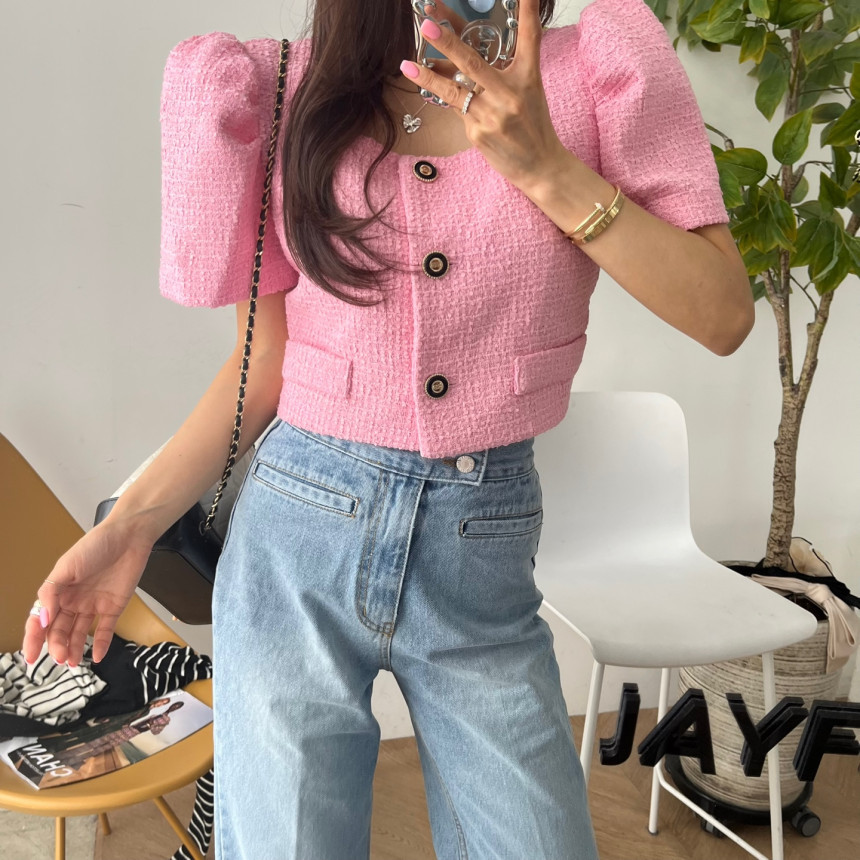 Korean Ins 2026 Spring and Summer New Product French Style Lapel Tweed Puff Sleeve Short Jacket for Women