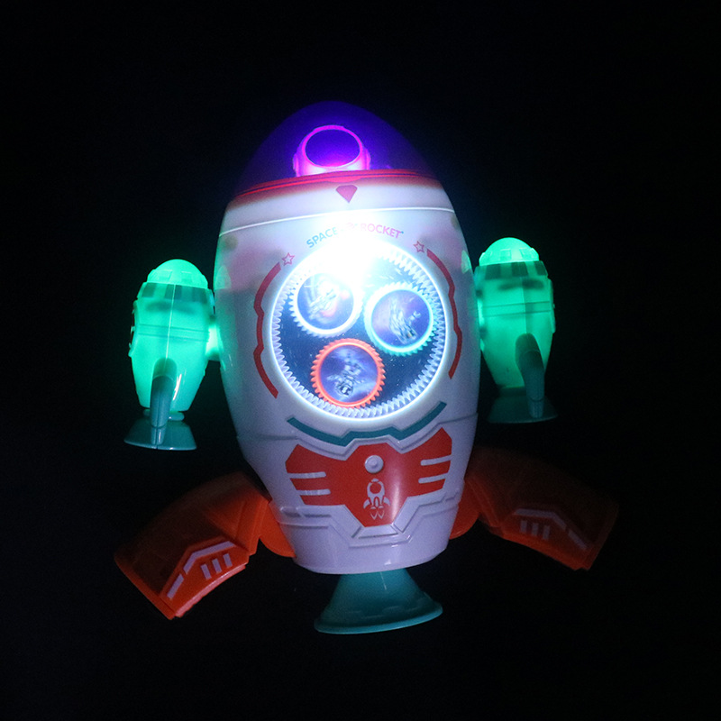 Baile eléctrico cohete espacial música luz giratoria engranaje transparente aviación exploración cohete juguetes educativos para niños