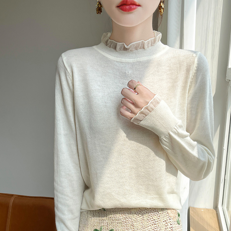 Spring and Autumn Lace Long-sleeved Knitted Base Shirt Women's Half-turtleneck Pullover Fine Imitation Wool Interior Fashion Trendy Sweater