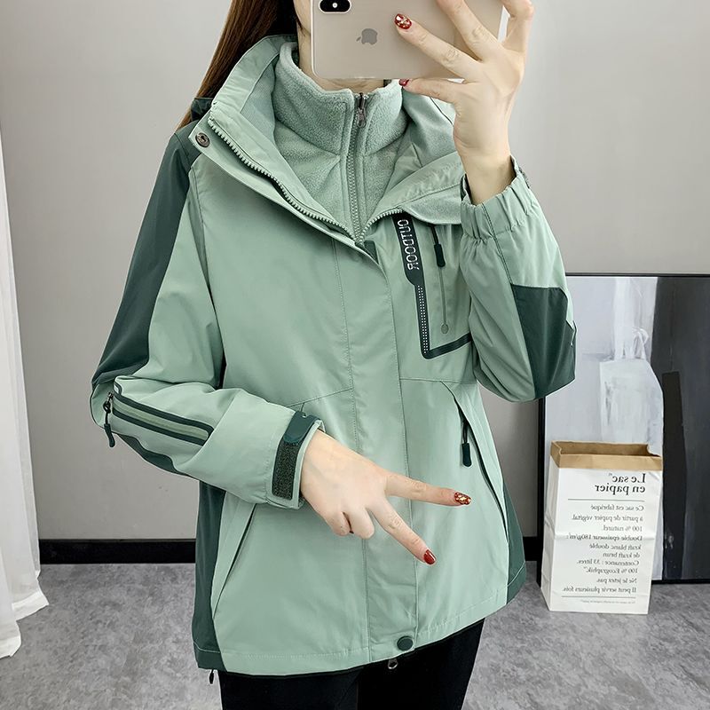 New Style Women's Three-In-One Detachable Two-Piece Set Plus Velvet Thickened Waterproof Windbreaker Jacket for Women Autumn and Winter
