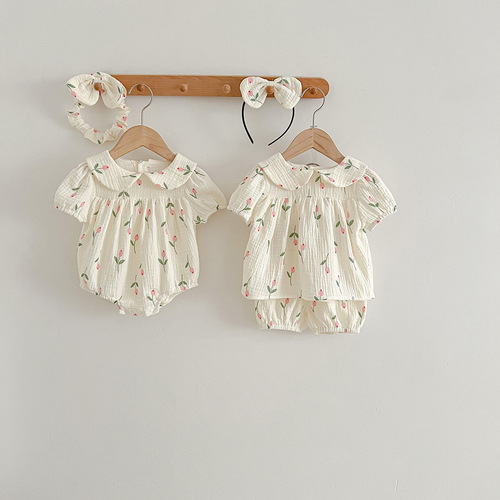 2024 Baby Short Sleeve Diaper Cover Summer Gauze Triangle Crawling Suit Onesie Girls Tulip Set Sister Outfit