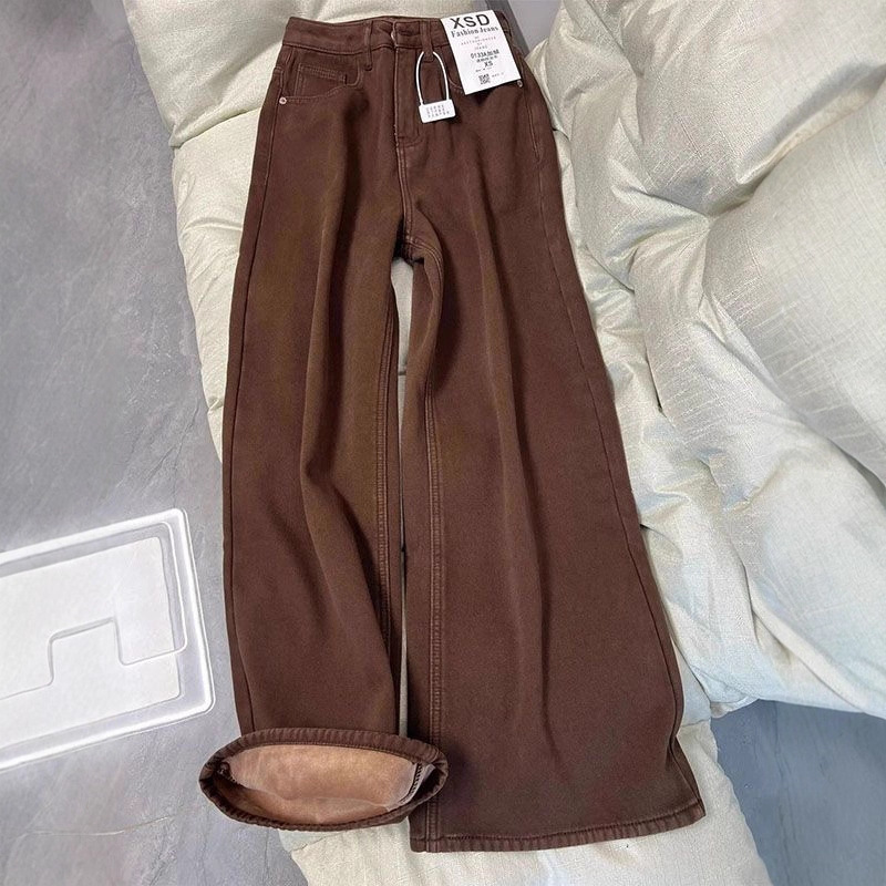 【韩牛】加厚加绒牛仔裤女秋冬小个子胖mm高腰遮胯阔腿牛仔裤子