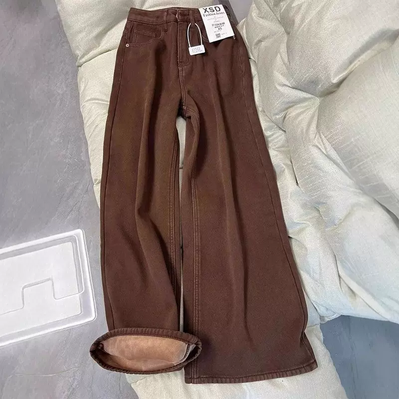【韩牛】加厚加绒牛仔裤女秋冬小个子胖mm高腰遮胯阔腿牛仔裤子