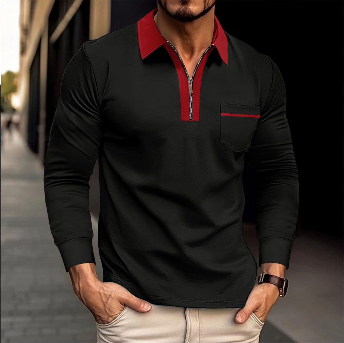 Nuevo nuevo transfronterizo Europa y América Amazon otoño de manga larga hombre bolsillo casual con cremallera casual polo image 15
