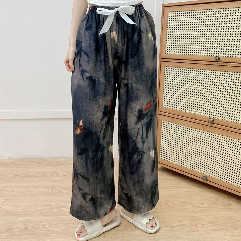 Cotton Linen Pajama Pants Women's Summer New Arrival Wide Leg Pants plus size Loose Outer-Wearing Anti-mosquito Casual Pants Thin Household Pants