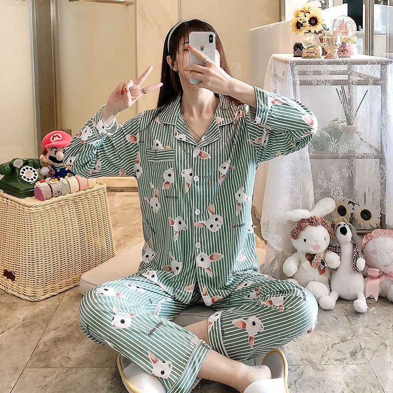 봄과 가을 얇은 긴팔 잠옷 여성의 인터넷 스타일 귀여운 토끼 카디건 홈 옷 느슨한 투피스 세트 여성