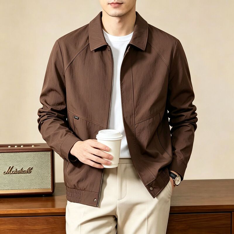 New autumn luxury men's jacket, old money style, high-quality solid color, versatile, with a turn-down collar, suitable for middle-aged dads