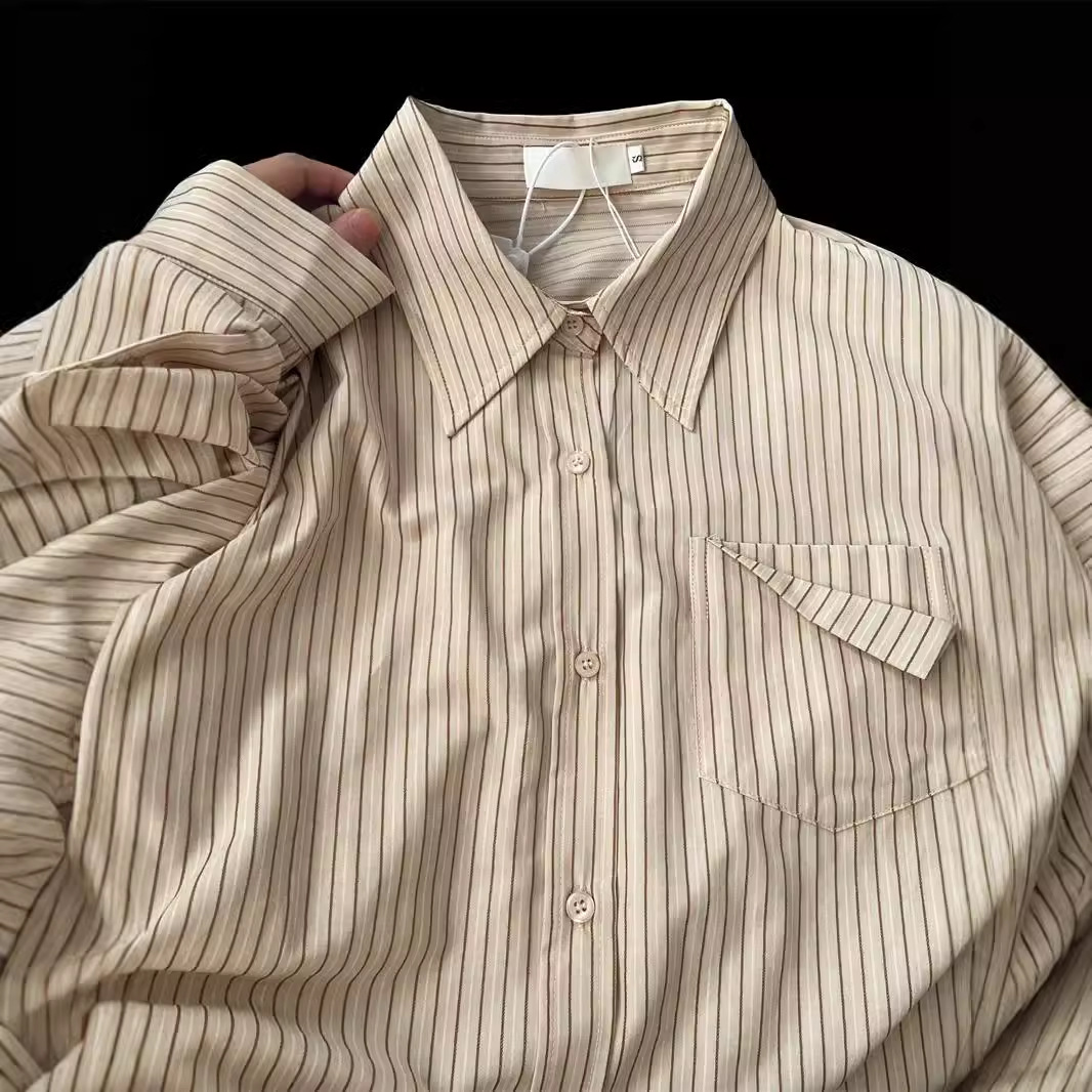 Blue striped polo collar long-sleeved shirt, women's summer thin loose sun protection shirt, mid-length boyfriend style top.