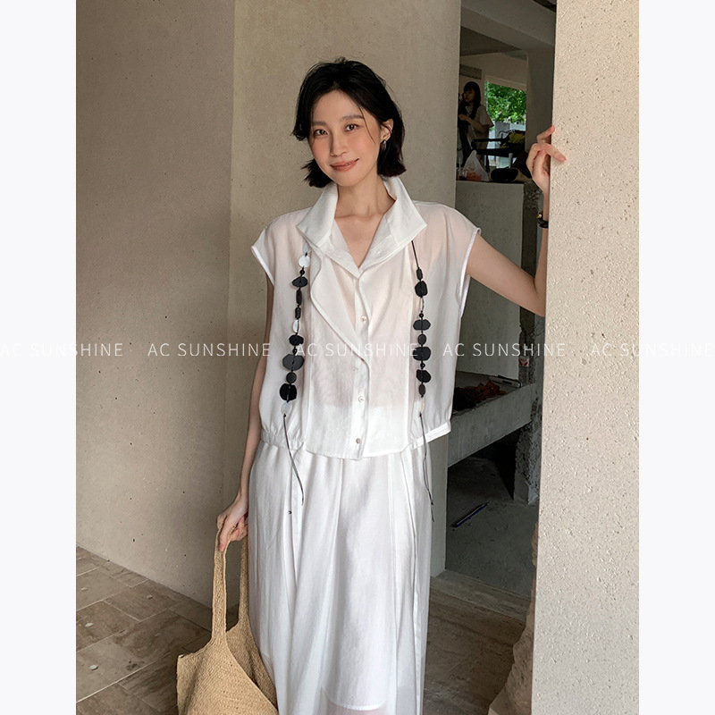 Ac Sunshine Lightweight Rayon｜Double-Layer Deconstructed Placket Design, Flower Bud Tie Sleeveless Shirt for Women 19673
