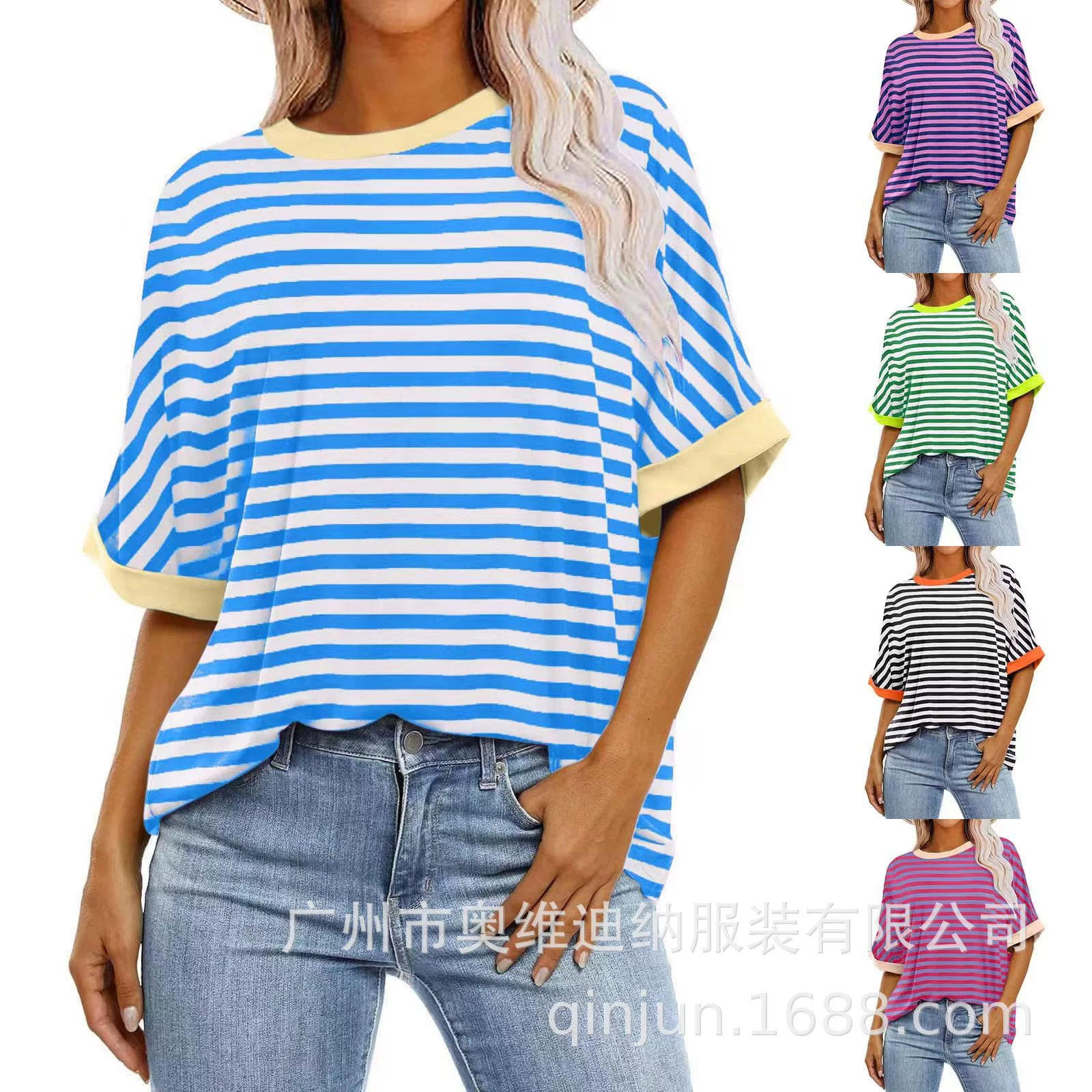 2024 лето минималистичный трансграничный досуг новый полосатый круглый воротник тренд с короткими рукавами пуловера цвет одежды женская одежда спот