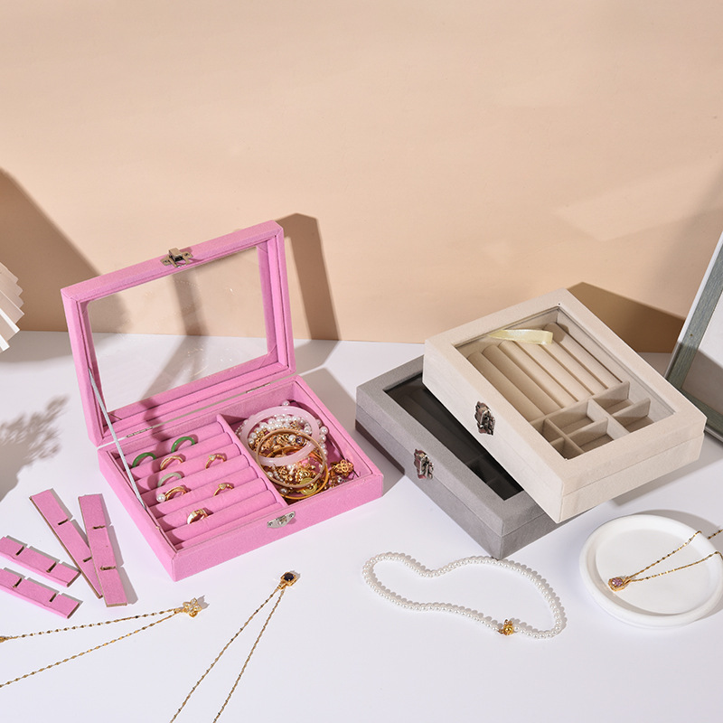 绒布首饰盒戒指项链耳钉耳环饰品收纳盒透明开窗带锁多功能收纳盒