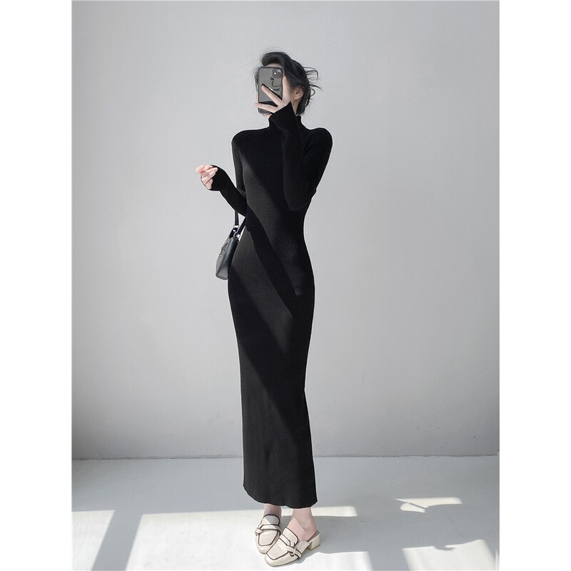 Tall and Extra-Long Floor-Length Sweater Dress for Autumn and Winter, High-Neck Slim-Fit Bodycon Knit Dress