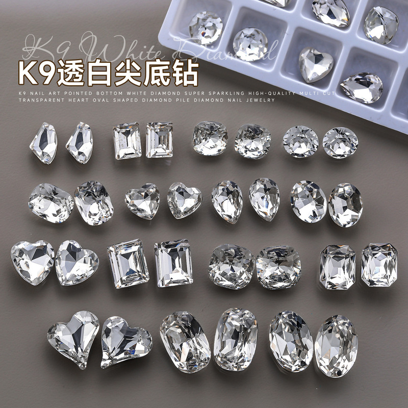 Popular K9 Transparent Nail Art Rhinestones, Sparkling Pointed-Back High-Quality Heart-Shaped Oval Rhinestones, Stacked Rhinestones for Nail Art, Wholesale Ins-Style