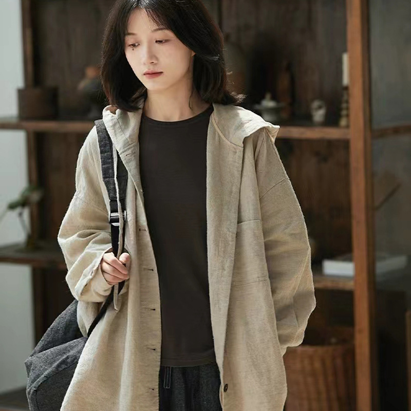 2025 Spring and Autumn New Style Pure Linen Cardigan Casual Easiest for Match Single Breasted Loose Hooded Shirt Jacket