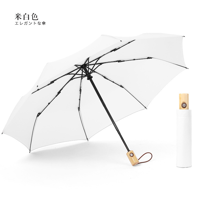 Retro mango de madera sólida tres plegables paraguas automáticos plegables sólidos paraguas comerciales se pueden imprimir logotipo paraguas publicidad paraguas