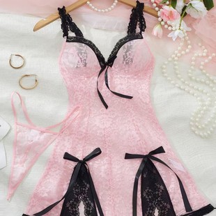 2025 European and American Style New Lace Sexy Bow Lace Sexy Suspender Skirt with Thong