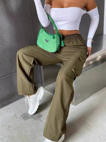 Pants, women's wide-leg street casual overalls, pockets, high-waist straight, American e-commerce casual