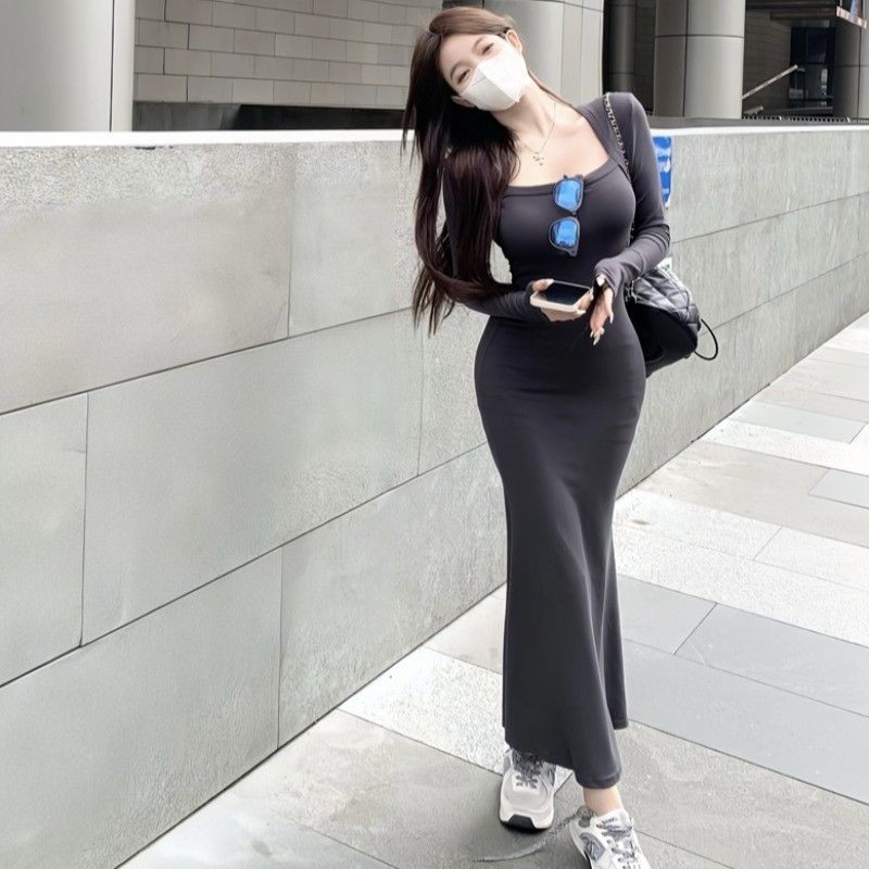 御姐风灰色方领长袖连衣裙女秋冬季内搭打底裙子小妈包臀鱼尾长裙|undefined