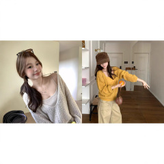 im向首尔假期~v领长毛马海镂空上衣女秋绞花针织罩衫/吊带两件套