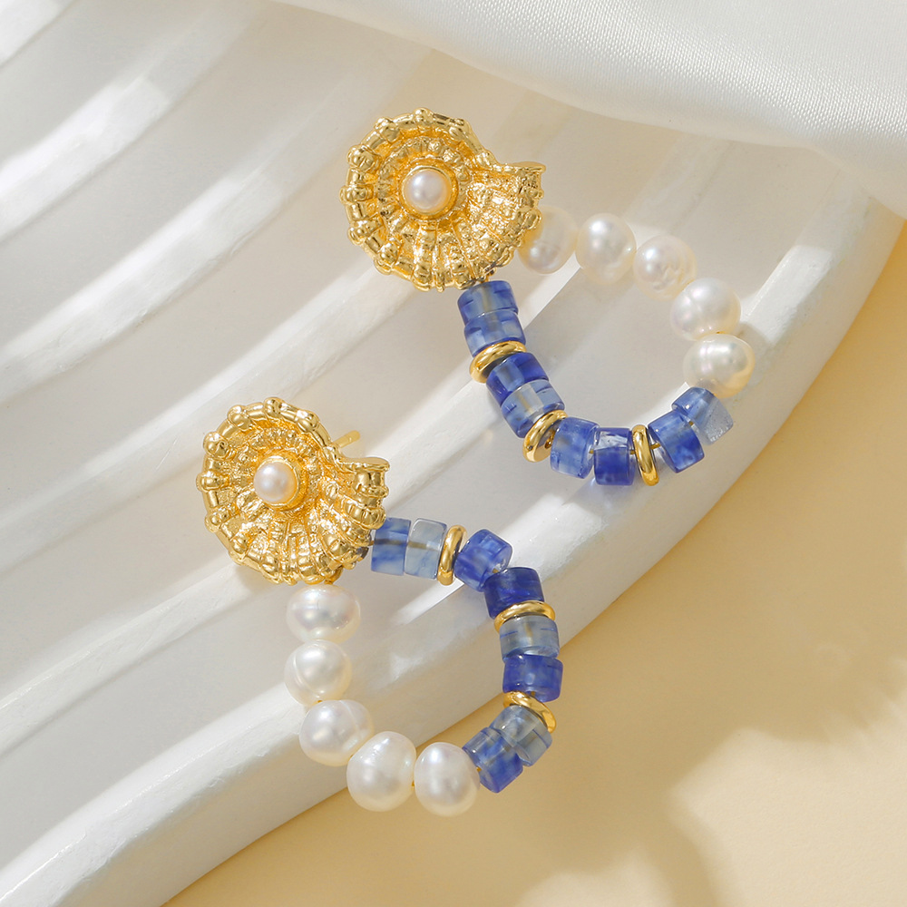 藍瑪瑙天然淡水珍珠耳環蝸牛銅鍍金925銀針手工耳飾工廠原創批發