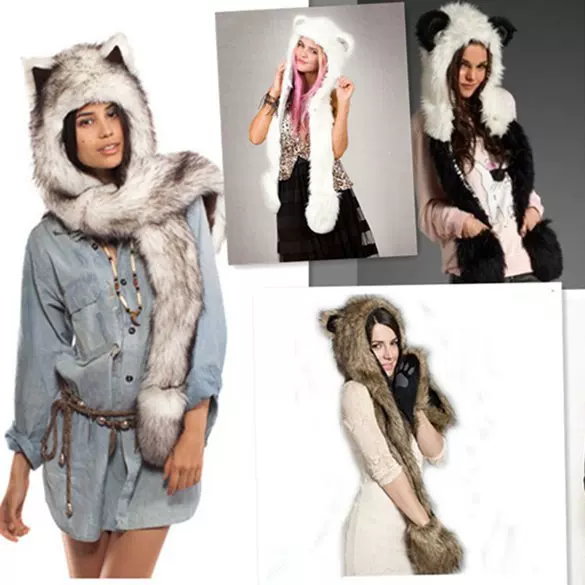 跨境冬季亚马逊Ebay仿皮草帽毛毛帽卡通动物帽子围巾手套一体