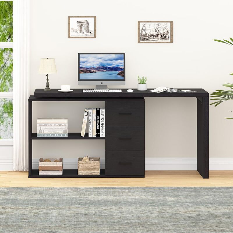 Black Rectangular Table with Storage Drawers, Home Corner Office Computer Desk, Student Study Writing Desk Black Rectangular Table with Storage Drawers, Home Corner Office Computer Desk, Student Study Writing Desk