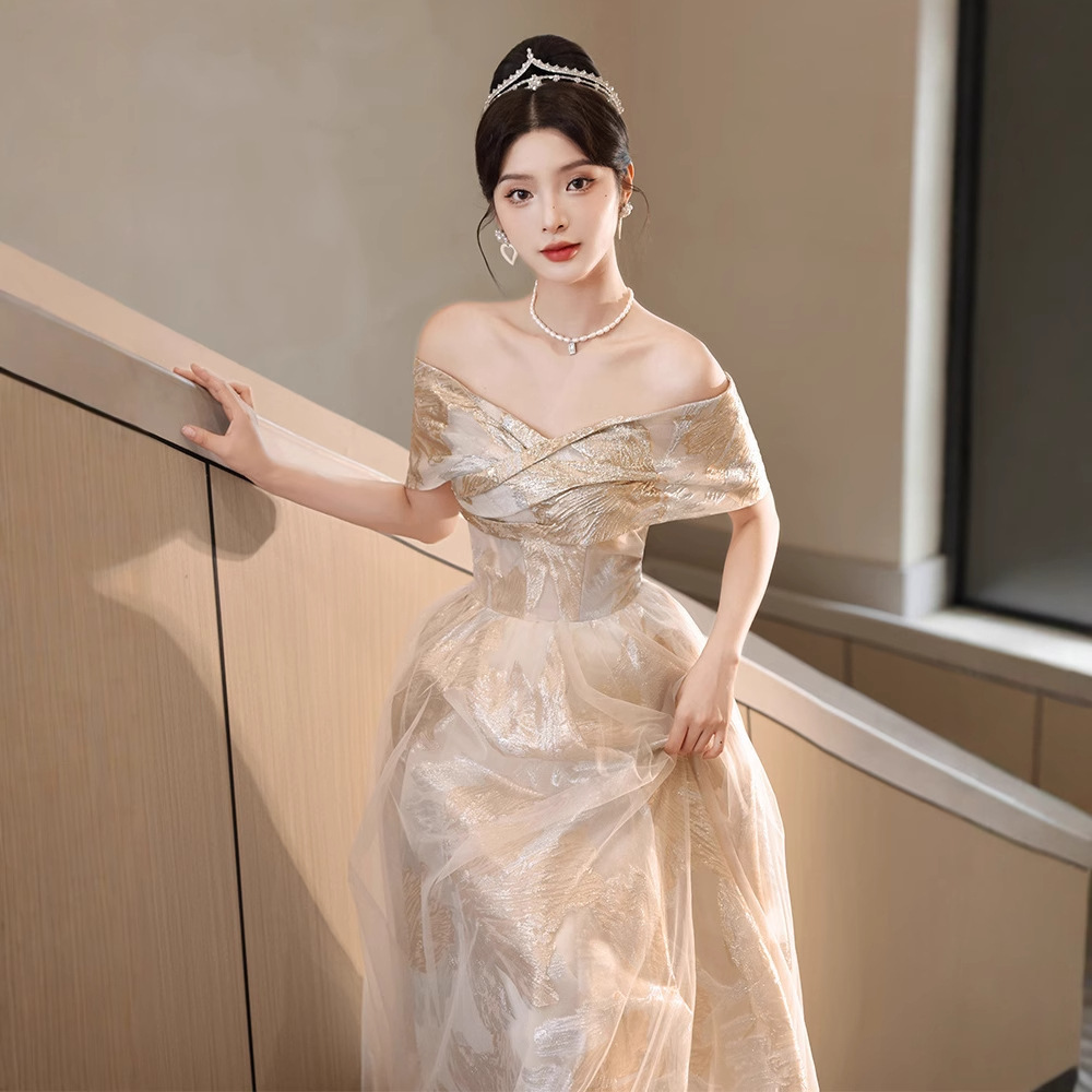 Champagne Gold Evening Dress 2026 New Style One-Shoulder Elegant and Classy Adult Ceremony Birthday Runaway Princess Dress with a High-End Feel